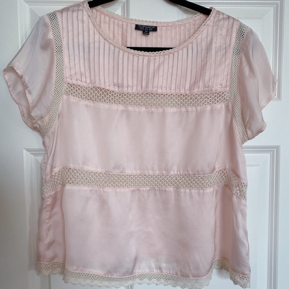 TopShop Silk Baby Pink Blouse w White Detailing